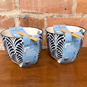Crofton Navy and Cream Ceramic Bowl Set with Chopsticks